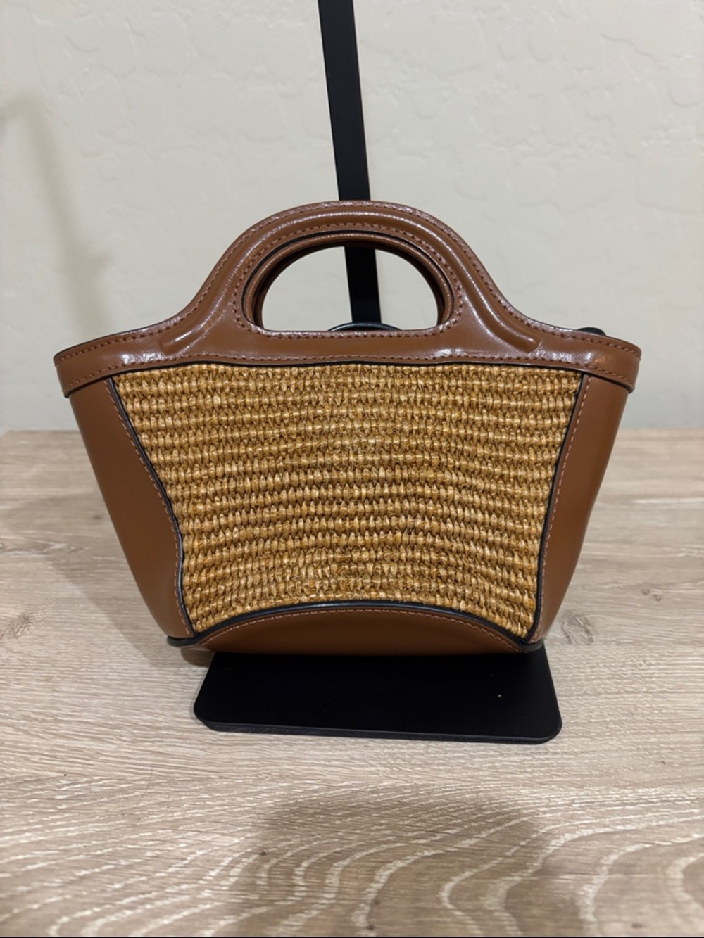 Marni Brown Leather & Straw Mini Tote with Black Logo - Picture 3 of 6